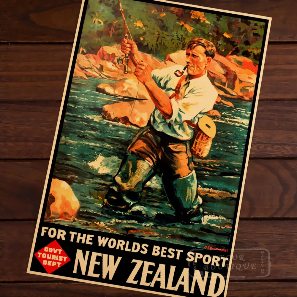 Винтажный постер NZ для рыбалки нахлыстом Новая Зеландия художественная | Наклейки на стену -32700239325