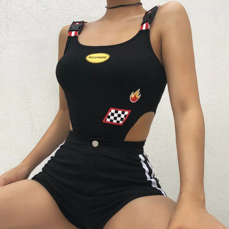 

Women Black High Waist Hollow Out Bodysuit Sexy Plaid Patchwork Bodycon Tank Bodysuits Adjustable Strap Romper Jumpsuit