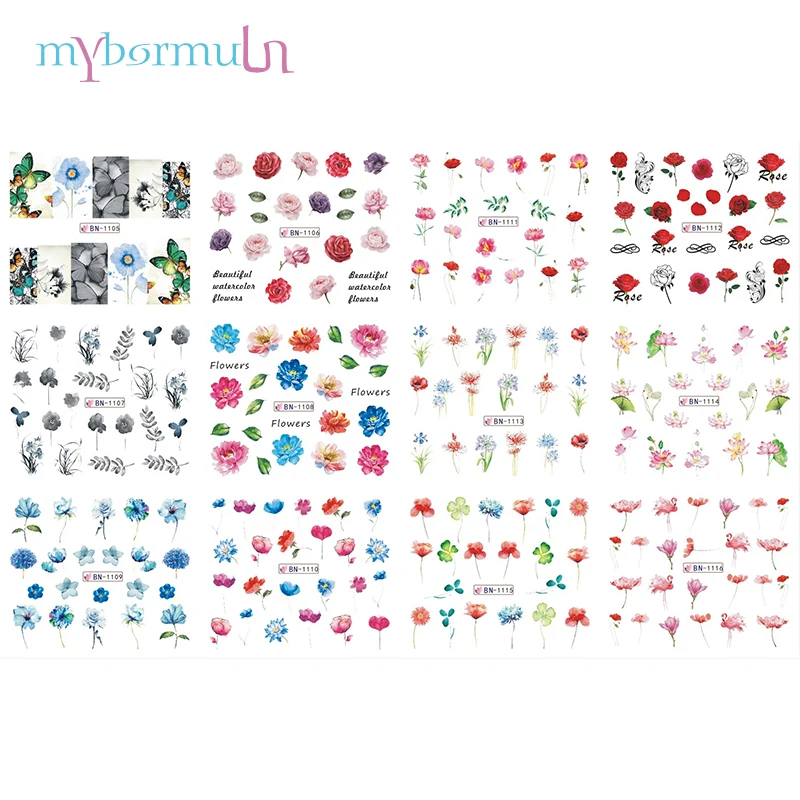 

12 Designs Nail Sticker Flower Adhesive Water Decal Slider Wraps Decor DIY Manicure Slider Nail Art Tips Decorations BN1105-1116
