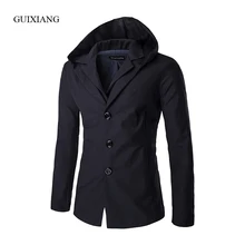 Новинка, осенний и зимний стиль, мужские костюмы, блейзеры, модные, повседневные, высокое качество, мужские, с капюшоном, одноцветные, имитация двух частей, костюм, пальто