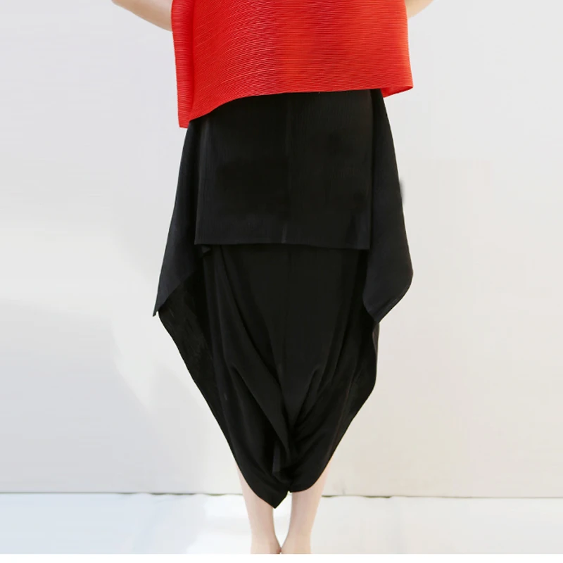 Changpleat Для женщин Штaны-клёш Miyak плиссированные модные дизайн женский с эластичной талией свободные однотонные штаны большого размера для Для женщин