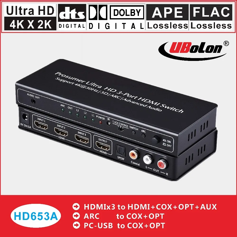 

HDMI Extractor Converter Splitter Adapter Switcher 4KX2K HDMI 3X1 to HDMI+Optical++Coxial+L/R SPDIF DTS/AC3 5.1 Audio ARC 3D