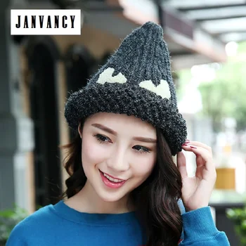 

Funny Winter Cute Cartoon devil Cone Knitted Hat for Women Vogue Large curling Warm Beanies demon Happy Cap Pacifier Red Pink