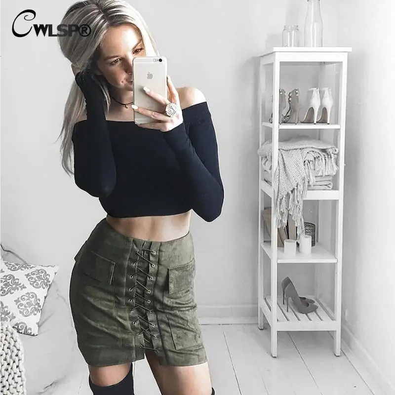 Top Fashion Brand Autumn High Waist Vintage Skirts Womens Chic Lace Up Suede Leather Skirts Winter Casual Pocket Saia QZ1707