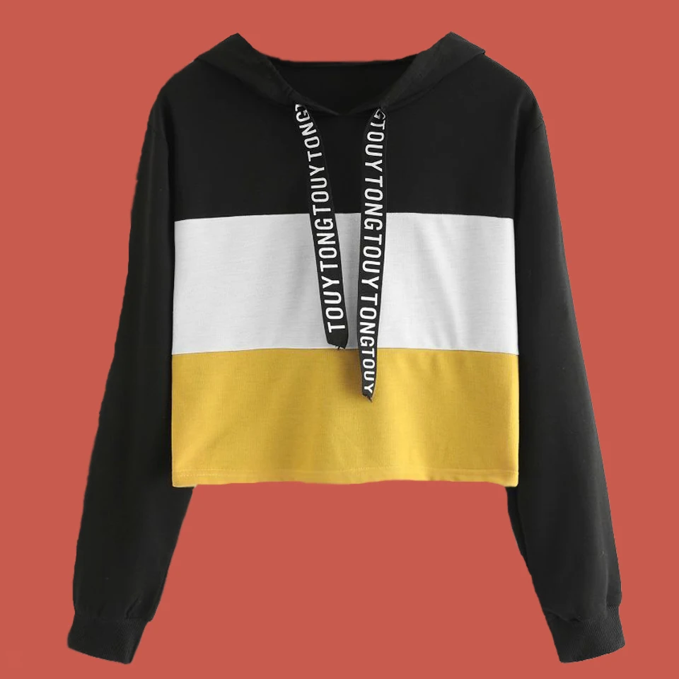 

Sweatshirt Crop Top Color Block Hoodie Poleron Mujer 2019 Black Yellow Lace Up Drawstring Hoodie Striped Women Hoodies Letters
