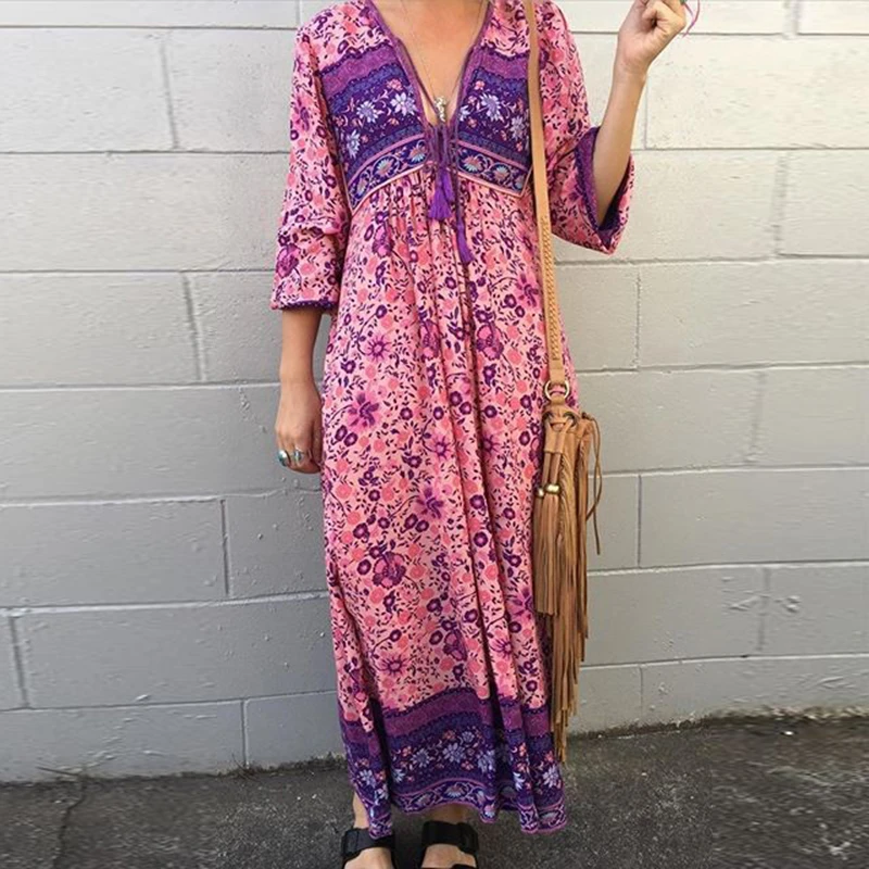 

Plunge Dress Flowy Ladies Midi Womens Kaftan Maxi Bohemian Long Sleeve Tassel Irregular Beach Spring