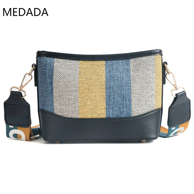 

MEDADA 2019 messenger bags New fashionable color canvas bucket bag, wide striped shoulder strap, one shoulder inclined handbags