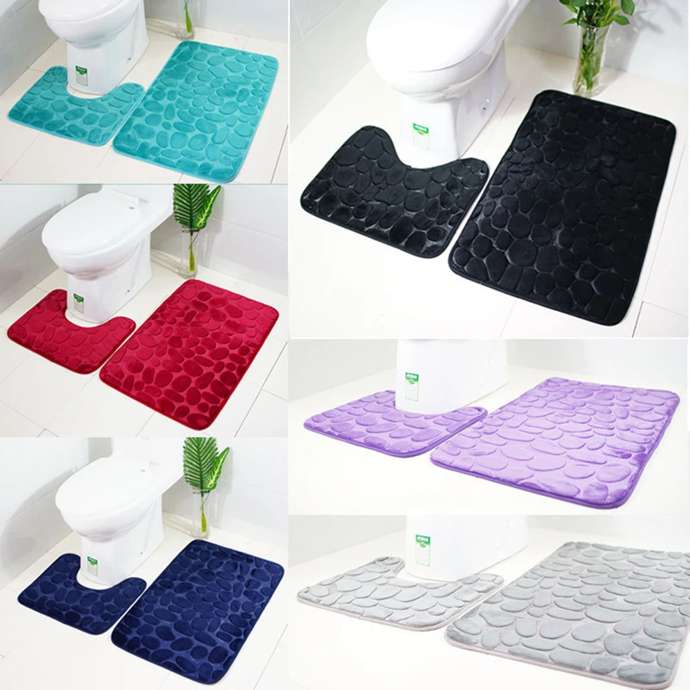 cheap 3D Cobblestone Toilet Floor Mat Set Bathroom Carpet 2PCS HD Print Pad Large Size Door Floor Seat Mattress 50*40 50*80CM D20
