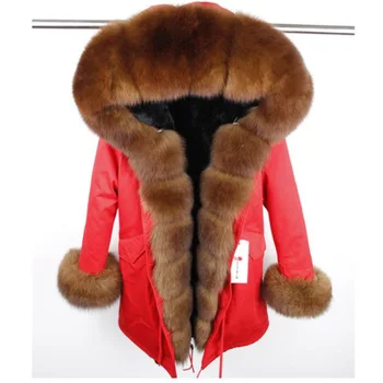 

Europe Women's Fashion Loose Luxurious Real Fox Fur Hooded Cuff Long Thick Warm Jacket Parkas Female Removable Faux Liner Coats