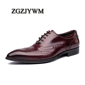 

ZGZJYWM Products Fashion Branded Design British Bullock Carved Genuine Leather Pointed Toe Lace-Up Oxford Dress Shoes For Men