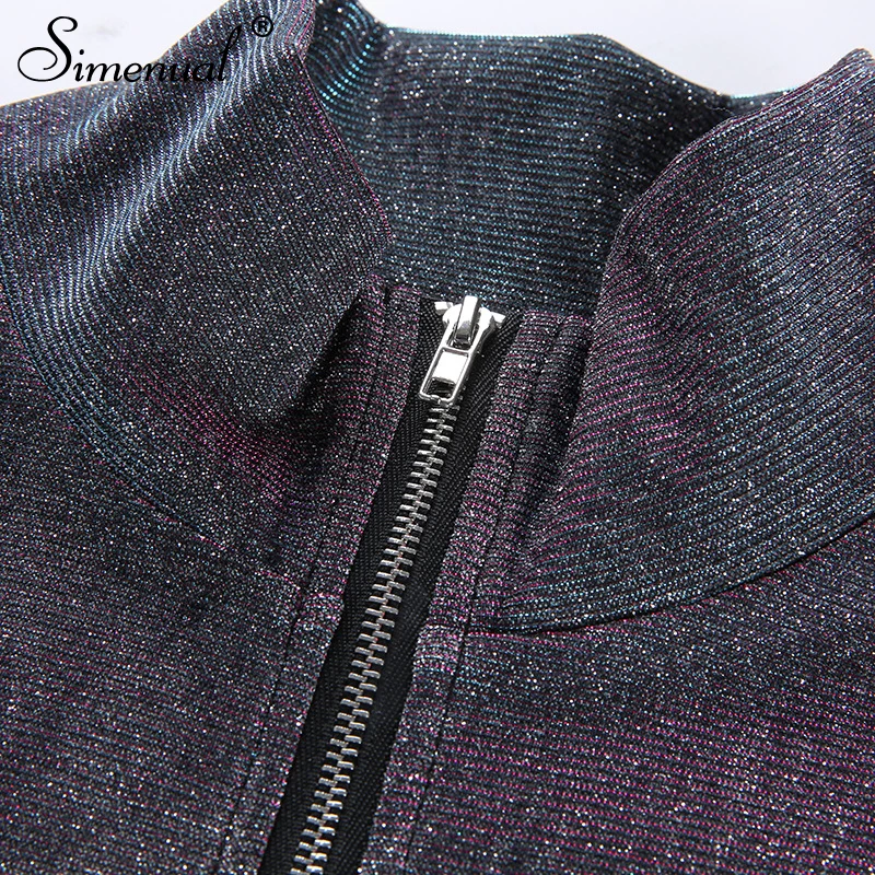 Simenual, блестящий металлический женский свитер на молнии, короткий топ с длинным рукавом, корейский стиль, большие размеры, водолазка, худи, уличная одежда, весна