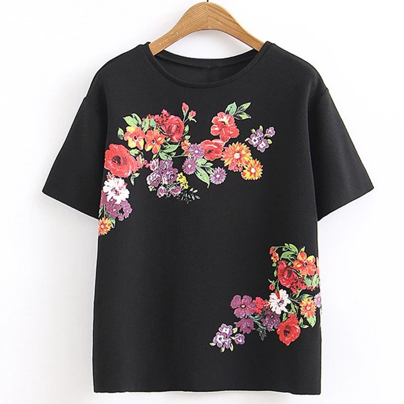 Womens Fashion Tees Summer T shirt Tops Flowers Print Ladies Black