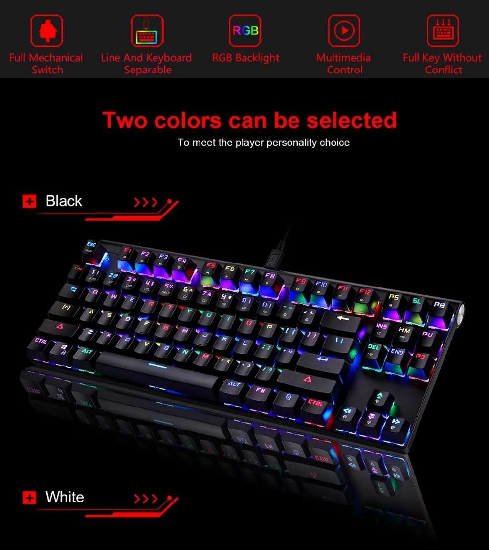 Оригинальная Проводная Механическая игровая клавиатура Motospeed CK101 RGB Light эргономичная 87 ключей против привидений синий/красный переключатель