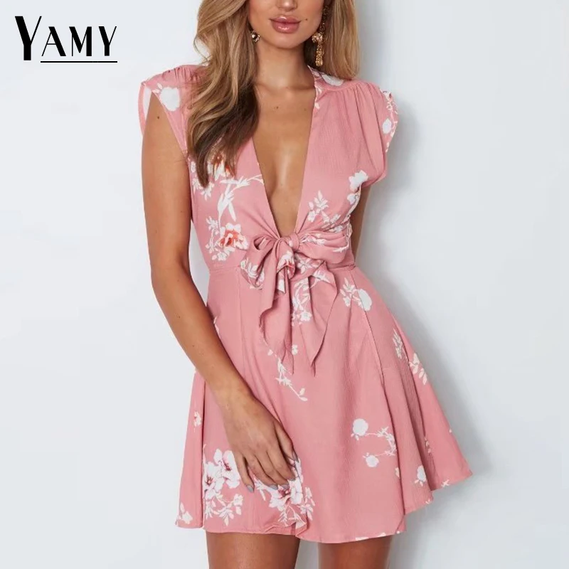 

Summer 2018 Slim Waist Lace Up Bow Sexy Dress Vintage V Neck Pink Women Mini Red Floral Boho Beach Short Vestidos Party Dresses