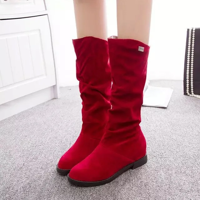 Fashion New Autumn Mid-Calf Women Boots Black Red Blue Thick Heels Half Boots Winter Female Diamante Long 446 - Color: Red