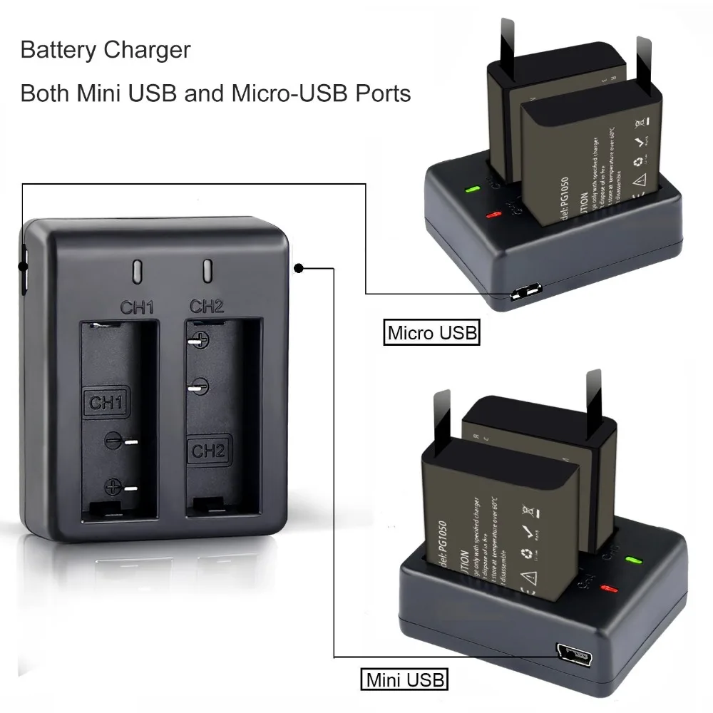 2 шт 1050 mAh батарея с двумя портами зарядное устройство, 3,7 V литий-ионная резервная перезаряжаемая для SJ5000 Vefly Спортивная камера DV Экшн-камера