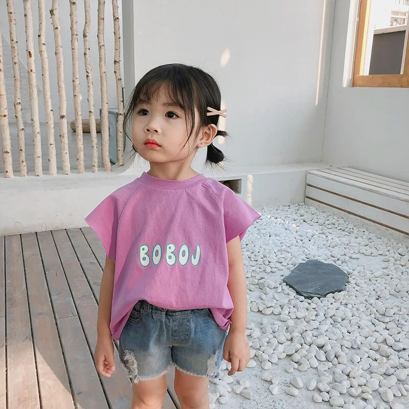 

Korean Style Children Clothes 2019 New Summer Baby Girls Letter T-shirts Pure Color Loose Tops Toddlers Kids Brief Vest Tee