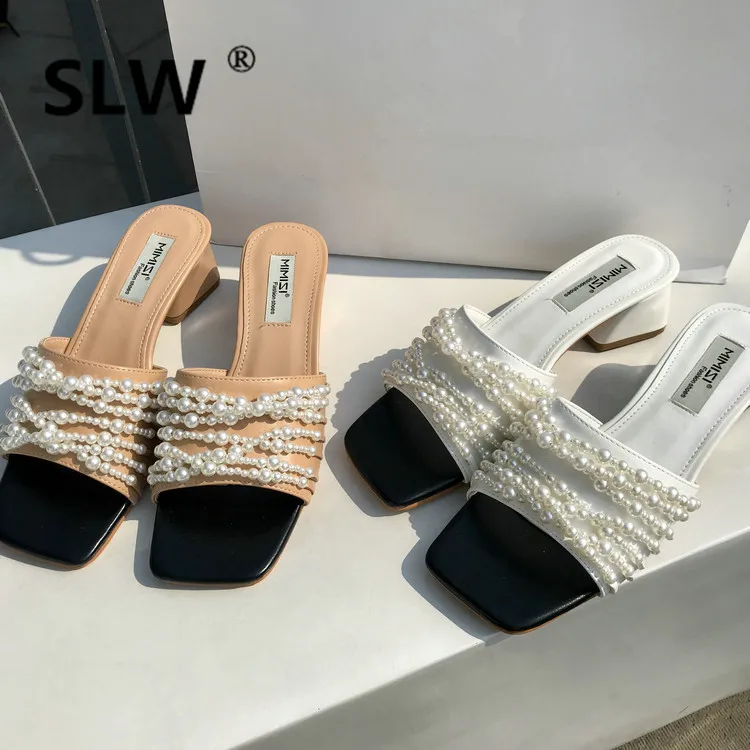 

Slippers Women Summer Square heel Shoes Without Heel String Bead Heeled Mules Slides Flat Heels Sliders Luxury