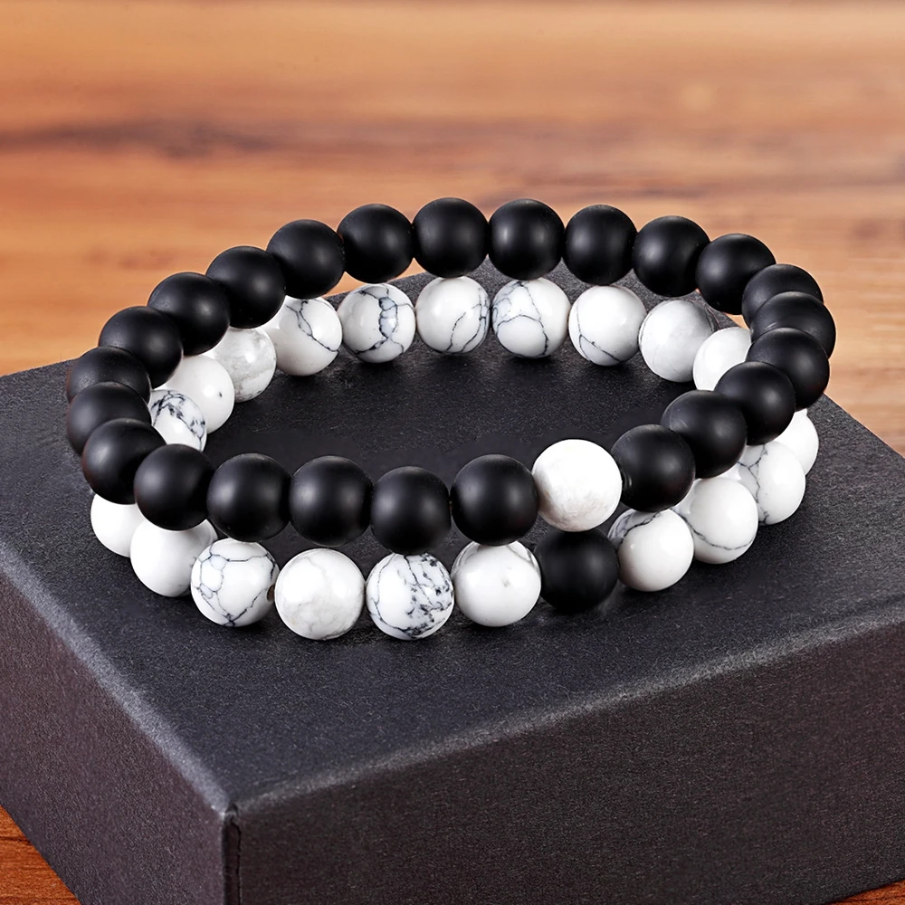 Black and White Marble with White Cat Eye Beaded Bracelet