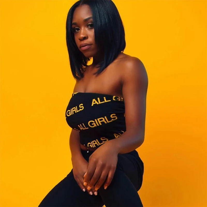 2018 New Frauen Casual Summer Tops Yellow Black Letter Print Strapless Sexy Crop Top Tube Tops