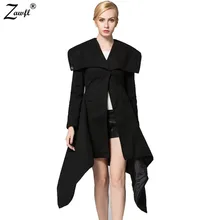 ZAWFL высокое качество зимние для женщин с лацканами Casaco Feminino Нерегулярные Длинные шерстяные черные шерстяная верхняя одежда