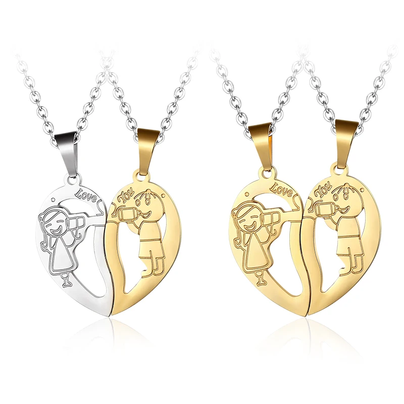 

2019 new good friend forever sounds impervious steel 2 pieces puzzle broken heart golden silver necklace and pendant boy girl