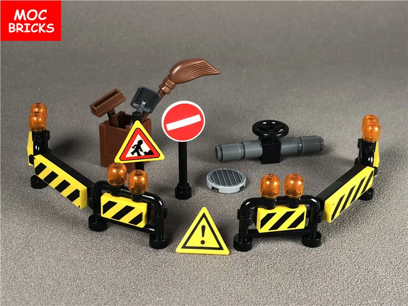 

Set Sale DIY Accessory Roadworks Kit Road Sign Warning Guardrail Educational building block figure toys for children Xmas gifts