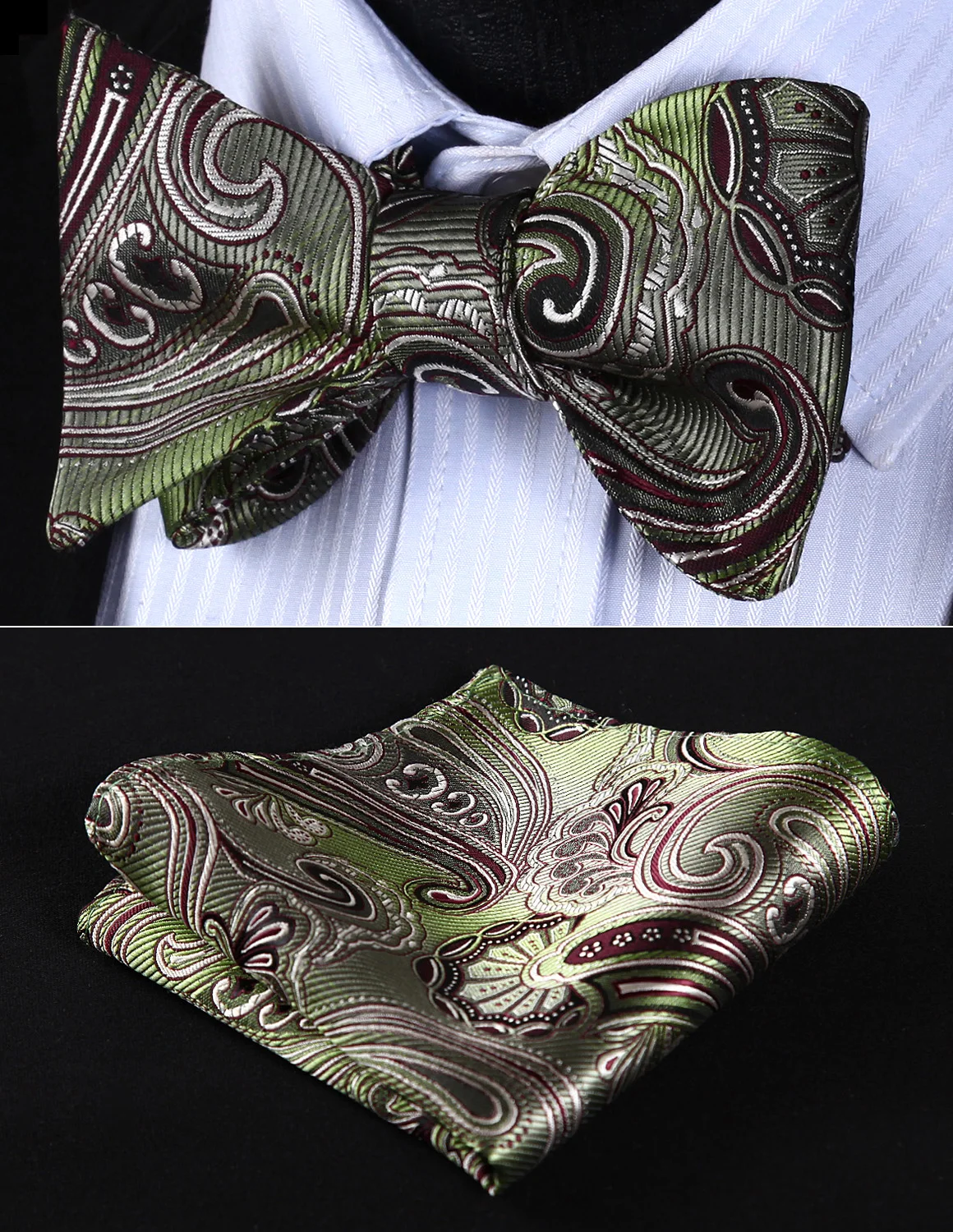  Wedding Party Pocket Square BP923TS Olive Green Paisley Bowtie Men Silk Self Bow Tie handkerchief s