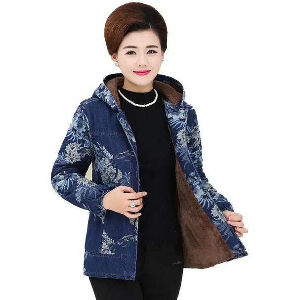 New Middle Aged font b Women b font Long Sleeve Printed plus thick velvet Denim font