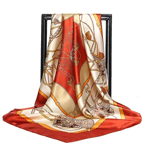 Модный Цветной атласный квадратный шелковый шарф на цепочке, женский шарф 90*90 см, полиэстеровый хиджаб платок на голову, брендовые пляжные накидки, квадратные шарфы - Цвет: Оранжевый