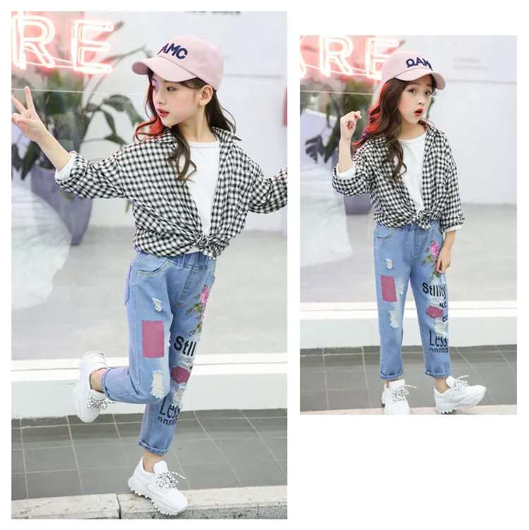 3-12 y kids girls jeans child fashion ripped jeans for girls 12 years teenage girl clothes denim pants flower embroidery trouser (2)