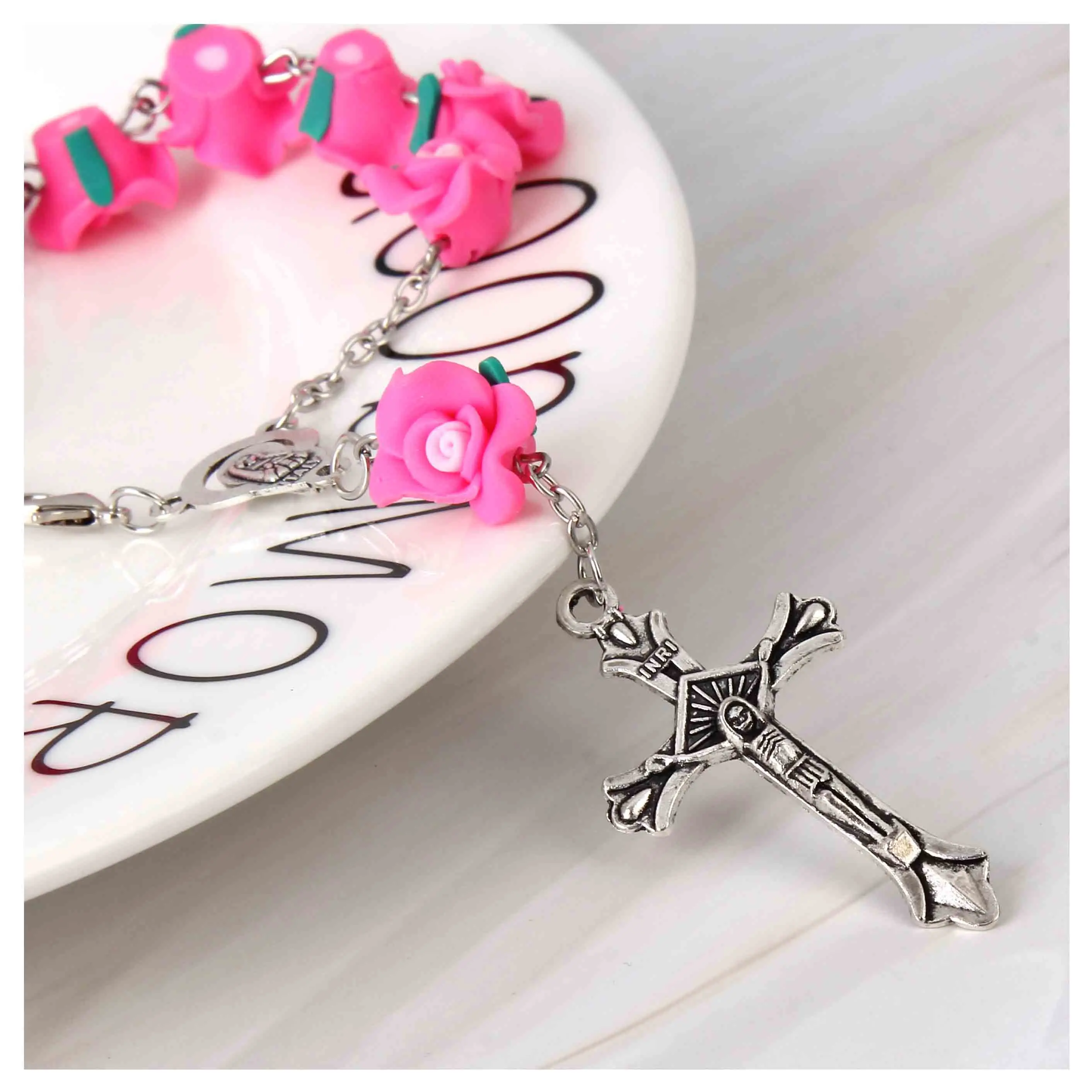 Catholic soft ceramic beads rosary bracelet. Rose blessing prayer