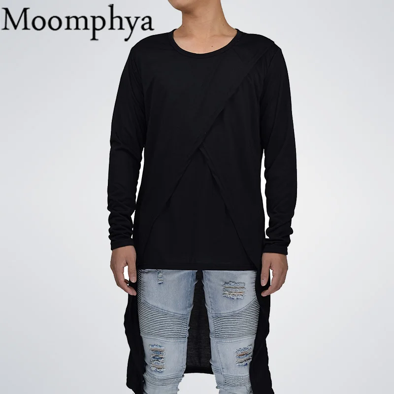 Moomphya/Для мужчин сзади удлиненный подол футболка Осень Длинные рукава в стиле хип