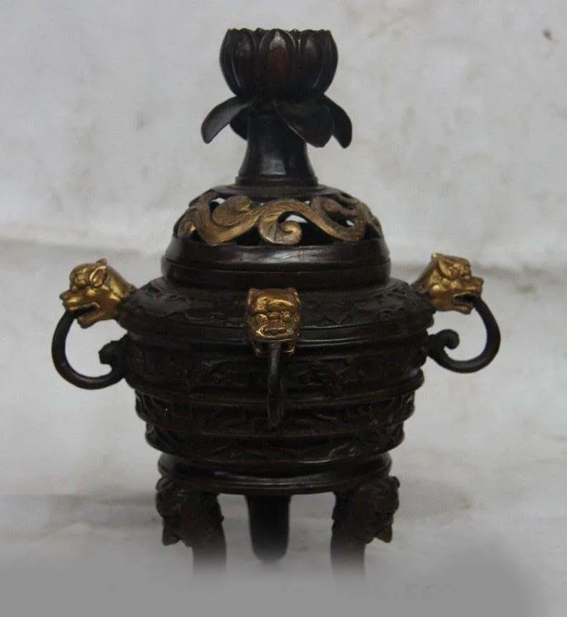 

11 China Buddhism Bronze Copper Foo Dog Lion Head Lotus Incense Burner Censer SD 506