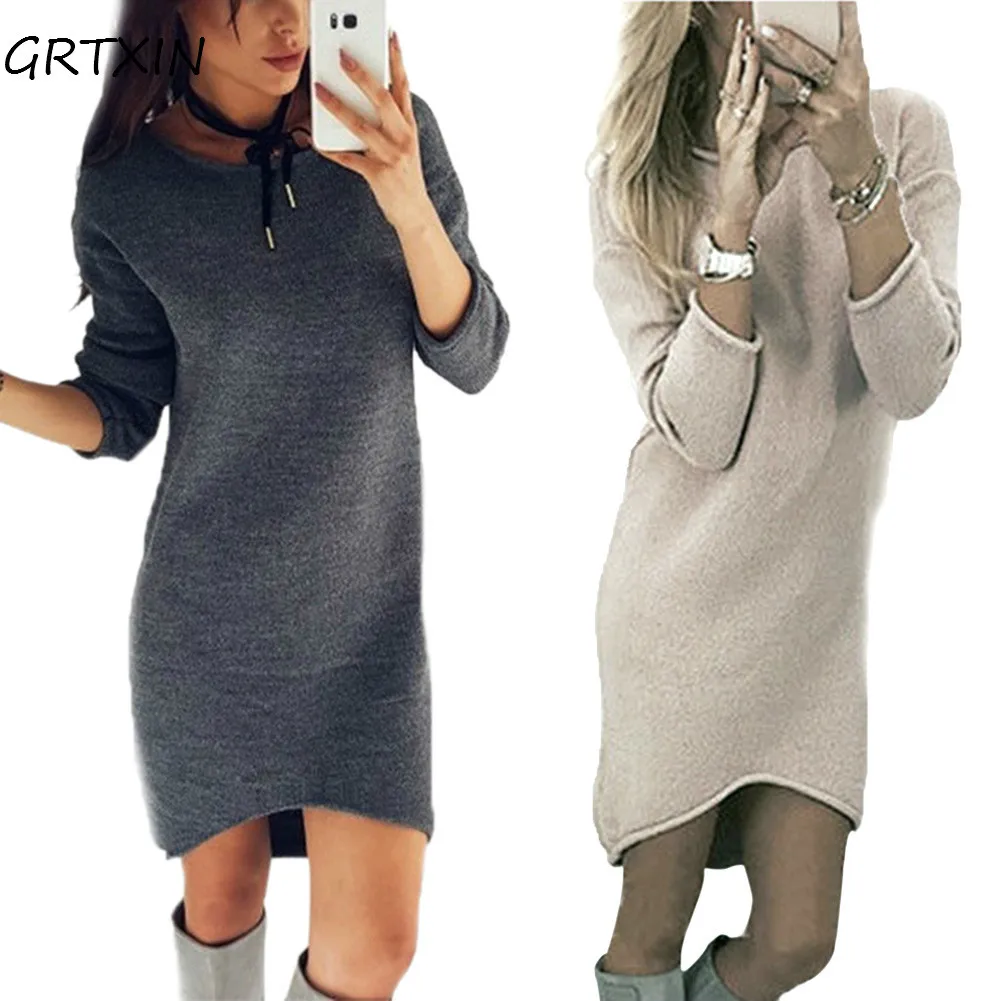 

Autumn Winter Women Dress O Neck Long Sleeve Solid Color Ladies Loose Casual Dresses Lady Bodycon Robe Dresses