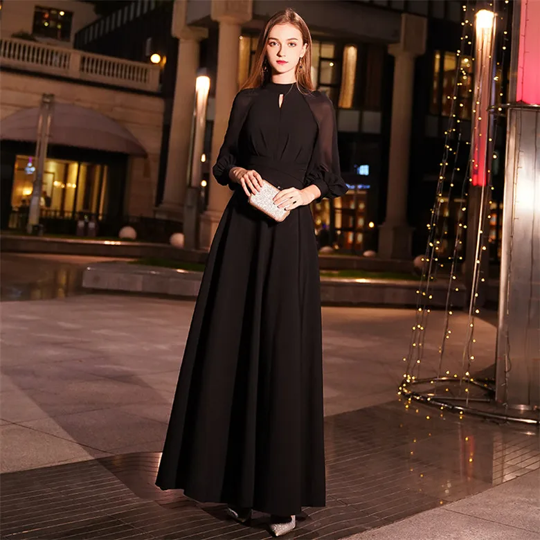 Weiyin черные элегантные трапециевидной формы длинное вечернее платье с высоким воротом одежда с длинным рукавом Вечерние платья лиф платье для летней WY1242 - Цвет: Черный