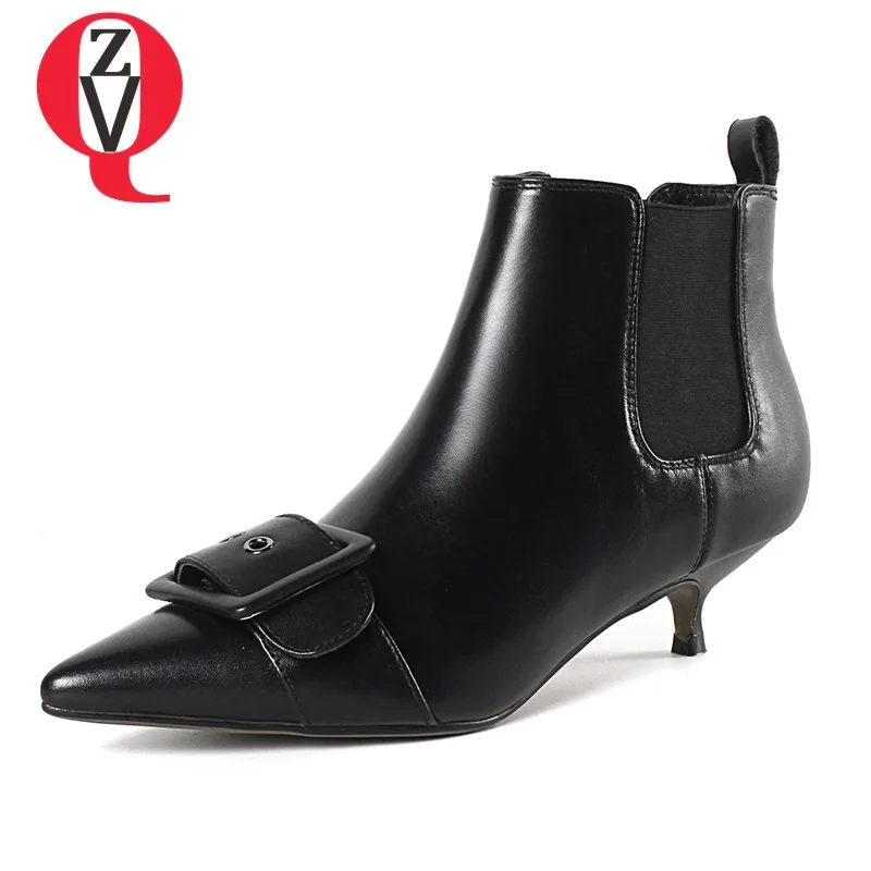 

ZVQ hot sale newest genuine leather pointed toe metal decoration med thin heel elastic band large size fashion women ankle boots