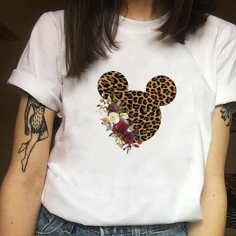 

Women Clothes Print Summer Cartoon Leopard Flower Short Sleeve Ladies Casual Tee Shirt T Female Woman Top Printed T-shirt