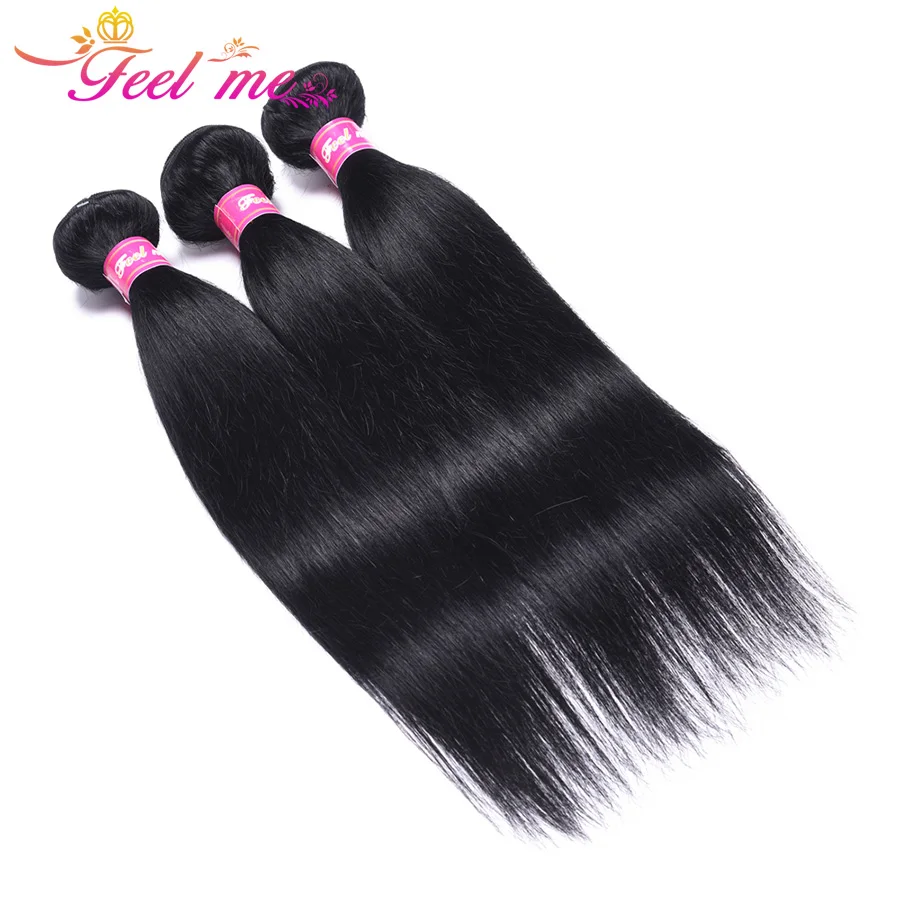 Feel Me Indian Straight Hair Bundles #1 Jet Black Human Hair Bundles Hair Weaves 10-26inch Pre-Colored Hair Extension Non Remy