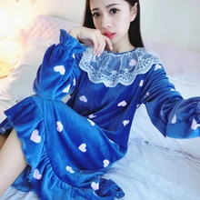 Winter Lace Princess Cute Women Sexy Lingerie Robe Soft Coral Flannel Nightwear Lady Velvet Pajamas Sleepwear Sweat Heart Dress
