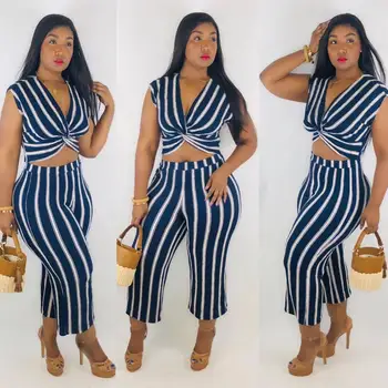 

Spring Summer Women Two Piece Set Top and Pants Plus Size Outfits Tracksuit Sweatsuit V Neck Striped Sexy Jumpsuits