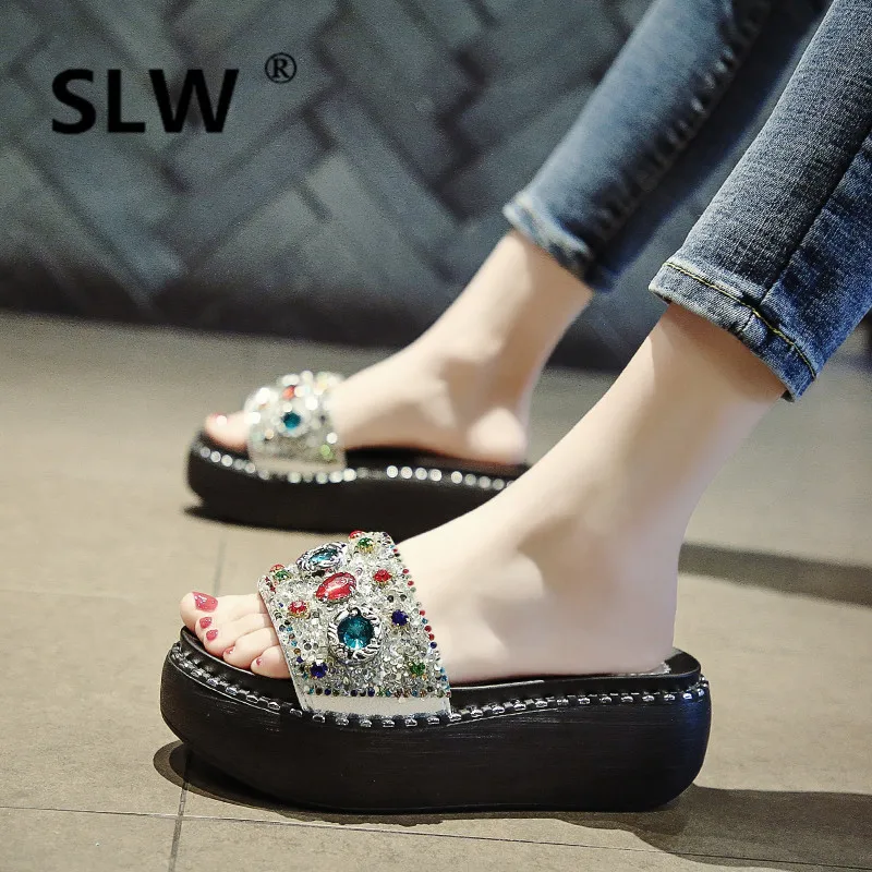 

Slides Buckle Low Fashion square buckle summer women Crystal Square heel slipper allmatch Strap modis pearl woman rhinestone