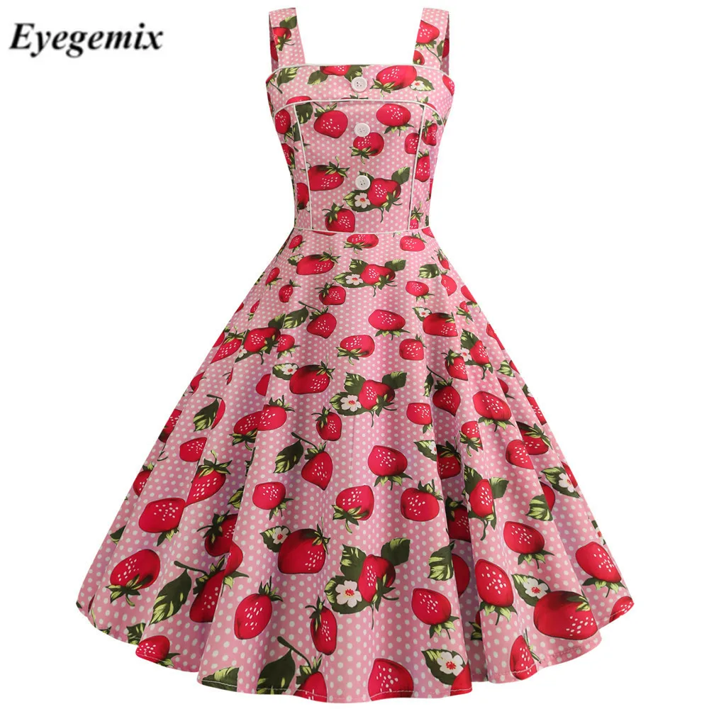 

Strawberry Print Robe Femme Vintage Pin Up 2019 Woman Strapless Summer Dresses Casual Swing Pinup Vestido Elegant Party Dress