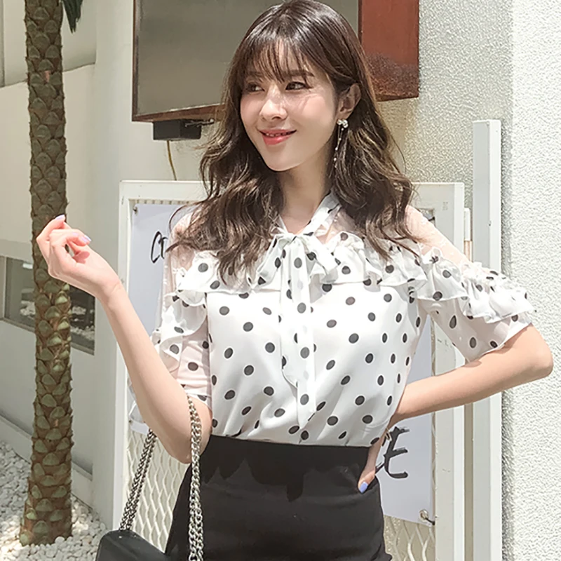  shintimes Vintage Polka Dot Blouse Women White Chiffon Shirt Hollow Out 2019 New Summer V-Neck Shor