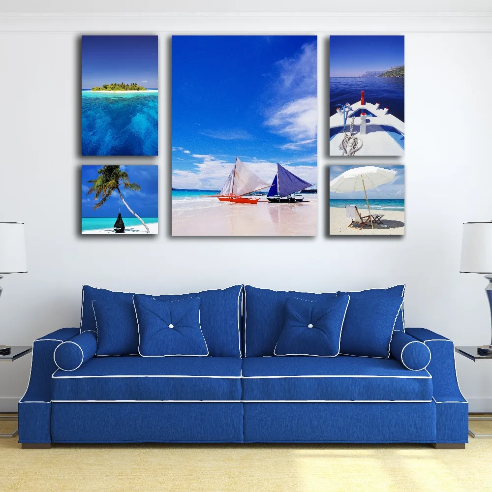 

Hight quality 5 in 1 holiday resort tropical seascape wall picture canvas art MDF framed painting ready to hang free shipping
