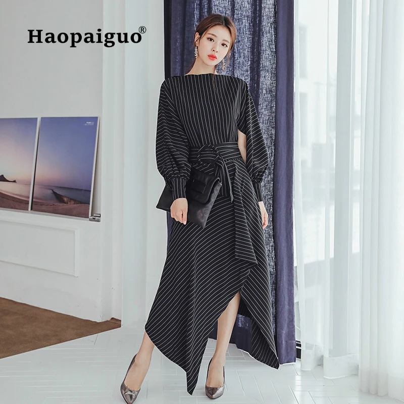 

Plus Size Striped Asymmetrical Long Dress Women O-neck Lantern Sleeve Corset Casual Elegant Dress Full Sleeve Dresses Ladies