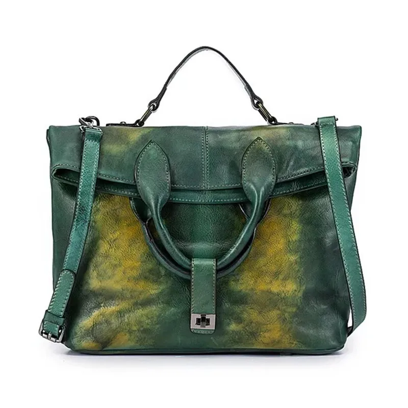 

Vintage Color-Mixed Designer Genuine Leather Women's Folding Closure Totes Bag Soft Cowhide Lady Large Purse Female Shoulder Bag