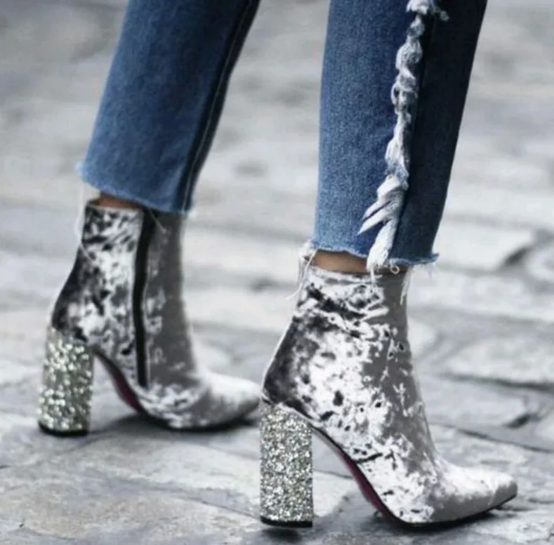 

2018 Winter Women's Boots Sequins High Heeled Ladies' Short Boots Gold Velvet Pointed Toe Suede Ankle Booties Shoes Woman Botas