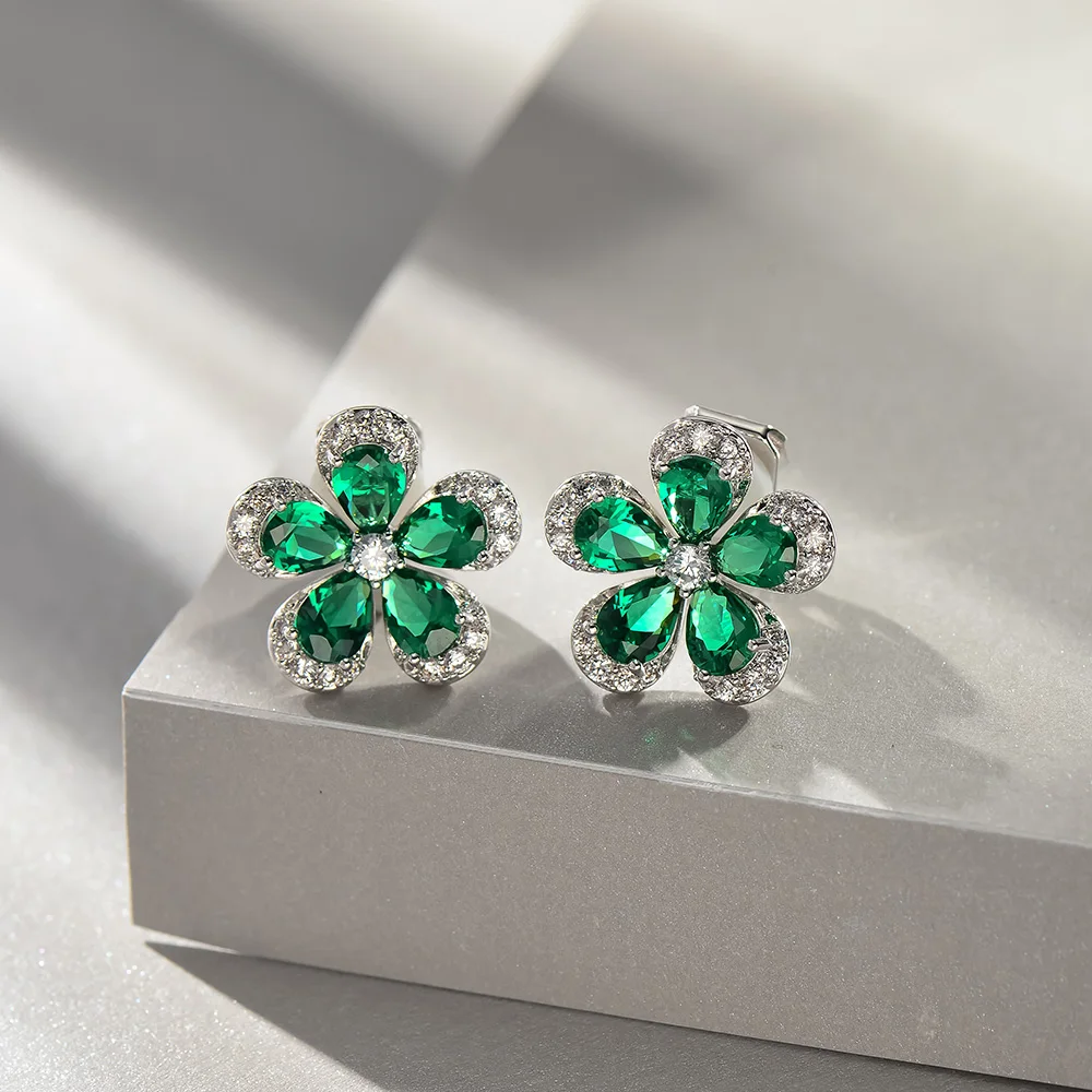 Viennois Flower Stud Earrings For women Green/ Black/ Red Color Zircon Earrings Fashion Jewelry