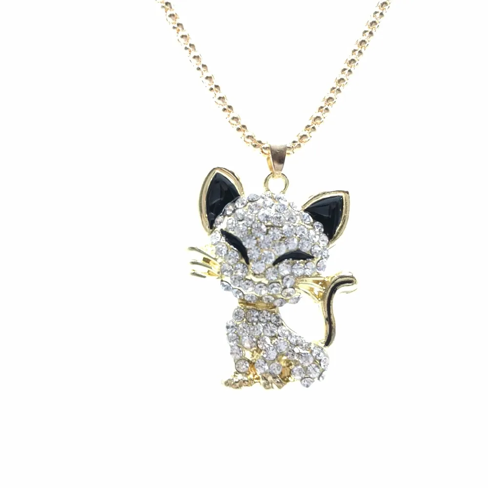 

2018 New Arrival Full Rhinestone Cat Gold Sweater Pendant Necklace for Women